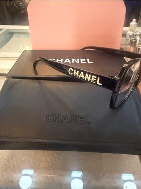 CHANEL Black Acetate Glasses with Gold Logo Temples